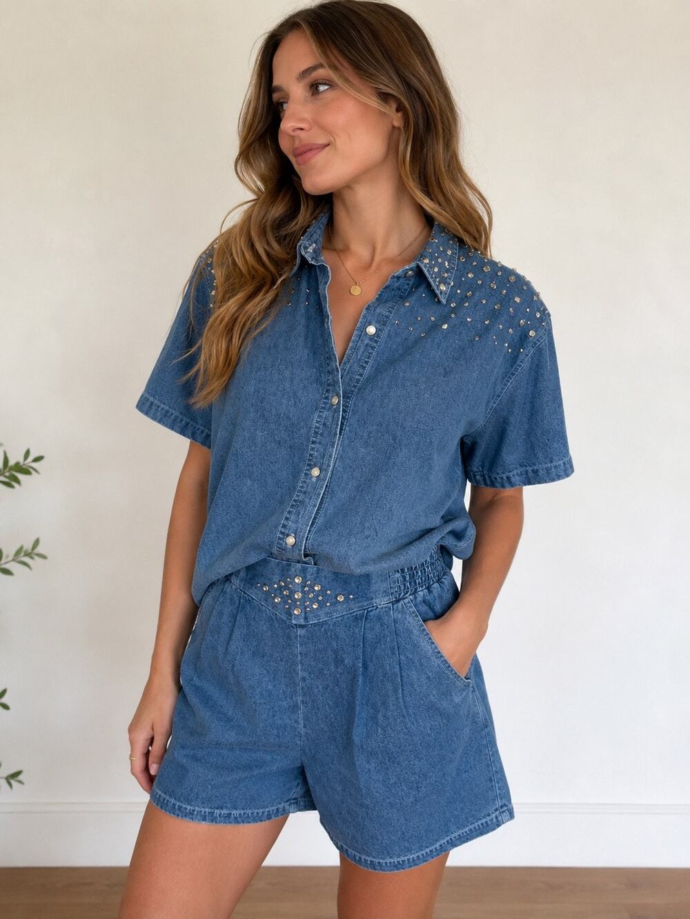 Vintage 90s Something Special Denim Studded Matching Shorts Set USA Size Medium